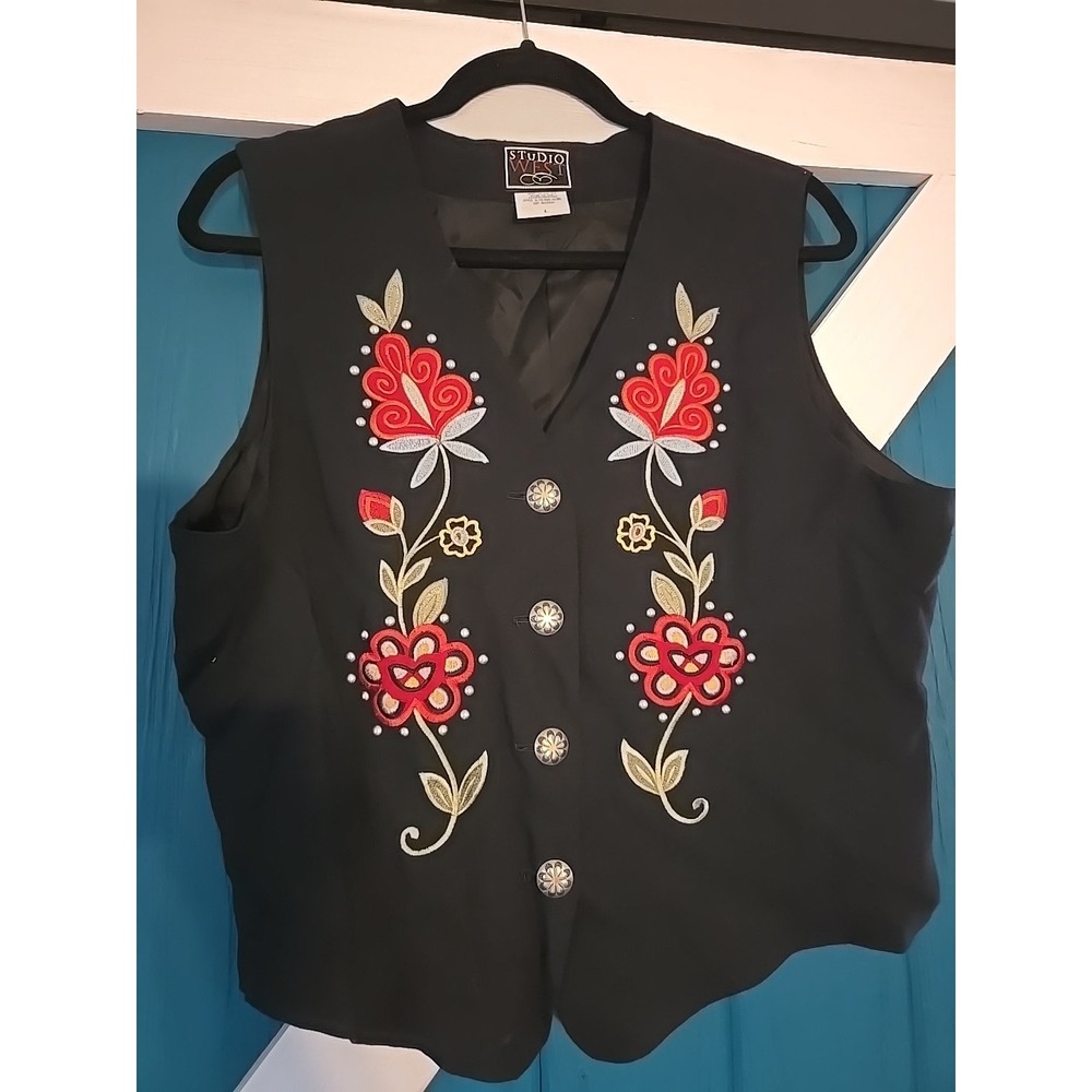 Vintage Cowgirl Black Studio West Rayon Linen Floral Embroidered Vest Size Large